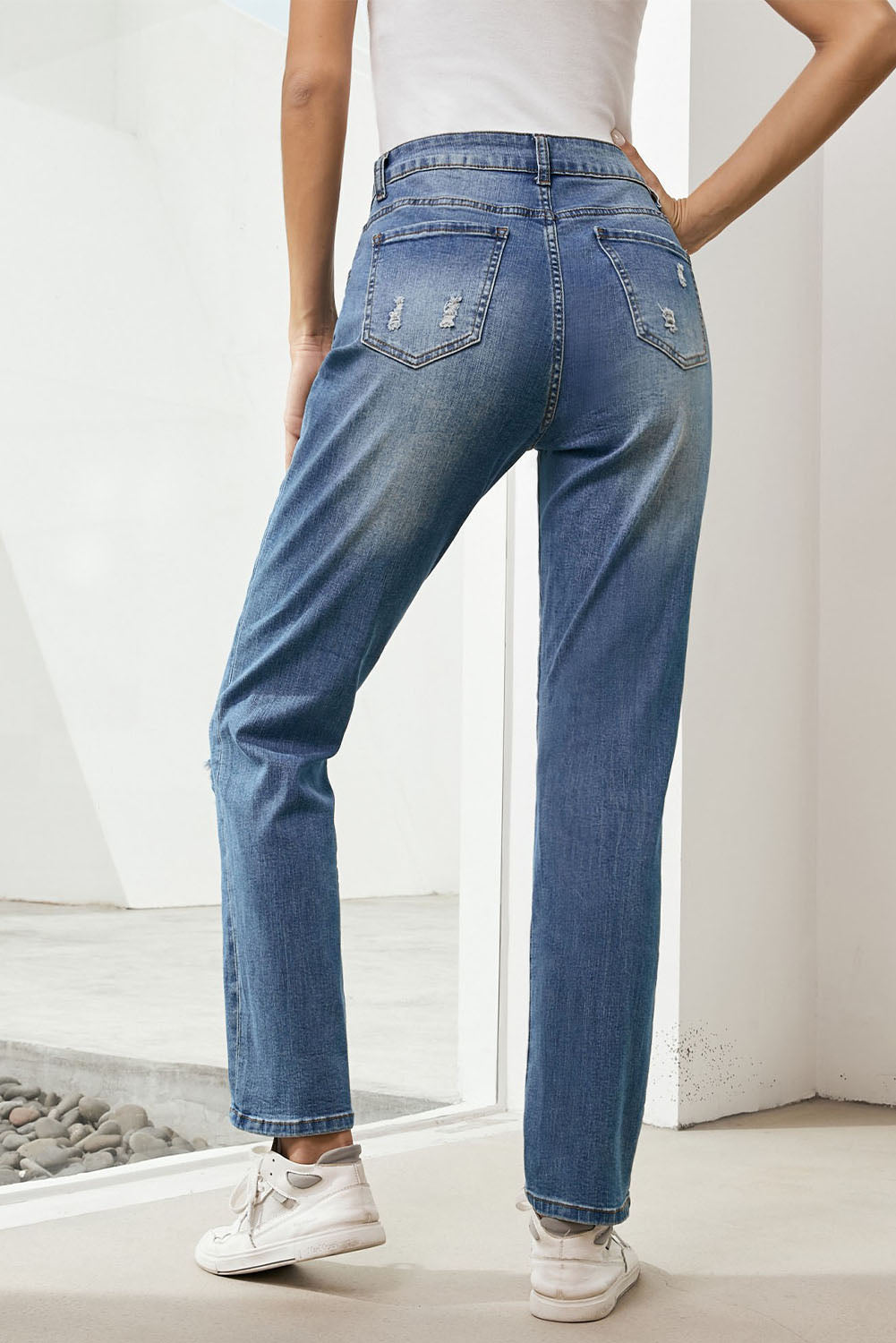 Women's Jeans Featuring Heart-shape American Flag Patch Frayed