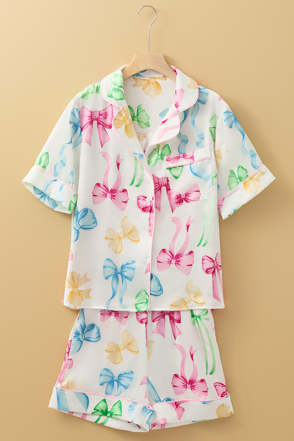 Print Button-Front Bowknot Button-Front Shirt High-Waisted Shorts Pajama Set