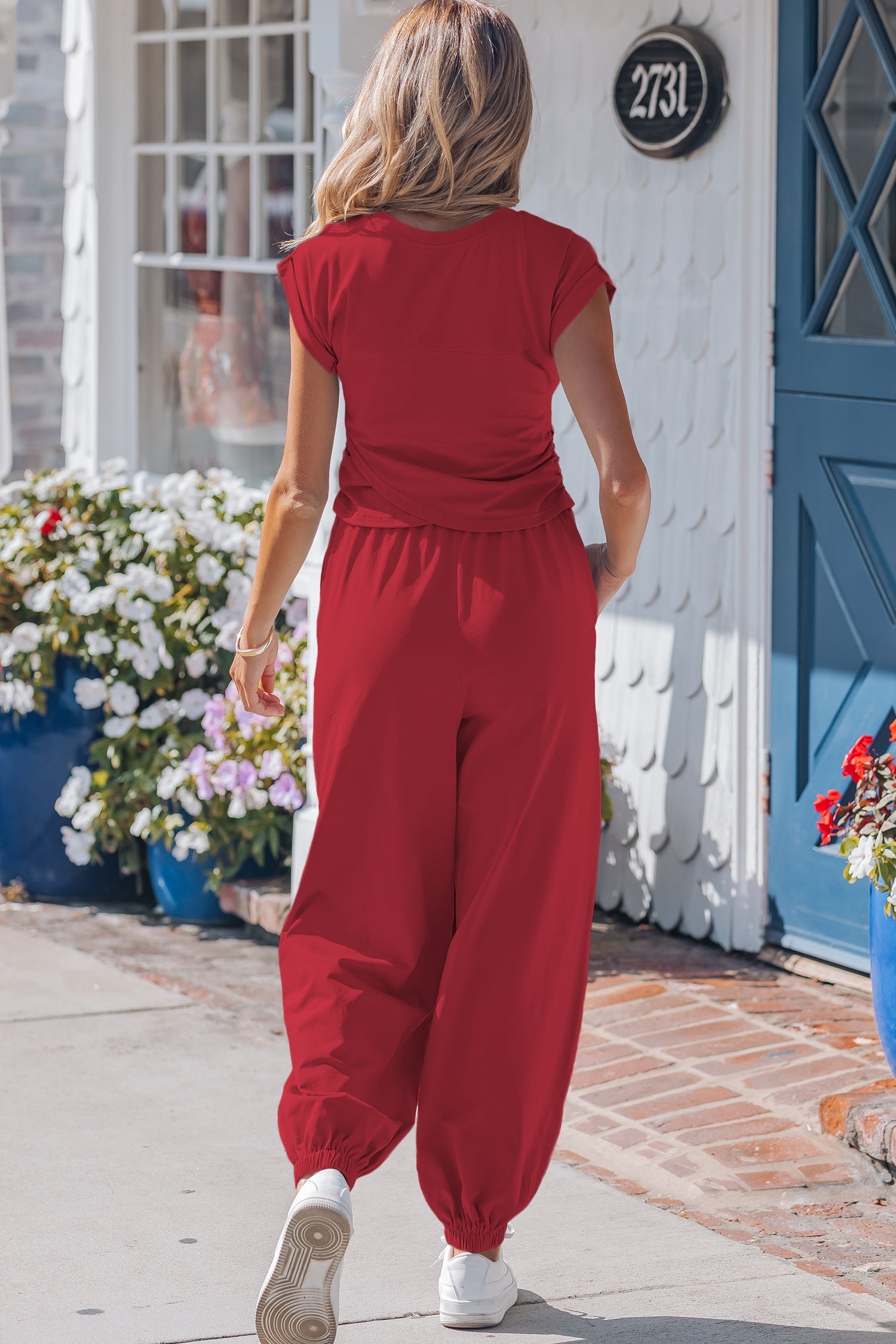 Red Solid Racing Solid Cropped Tank Top and Jogger Pants Set