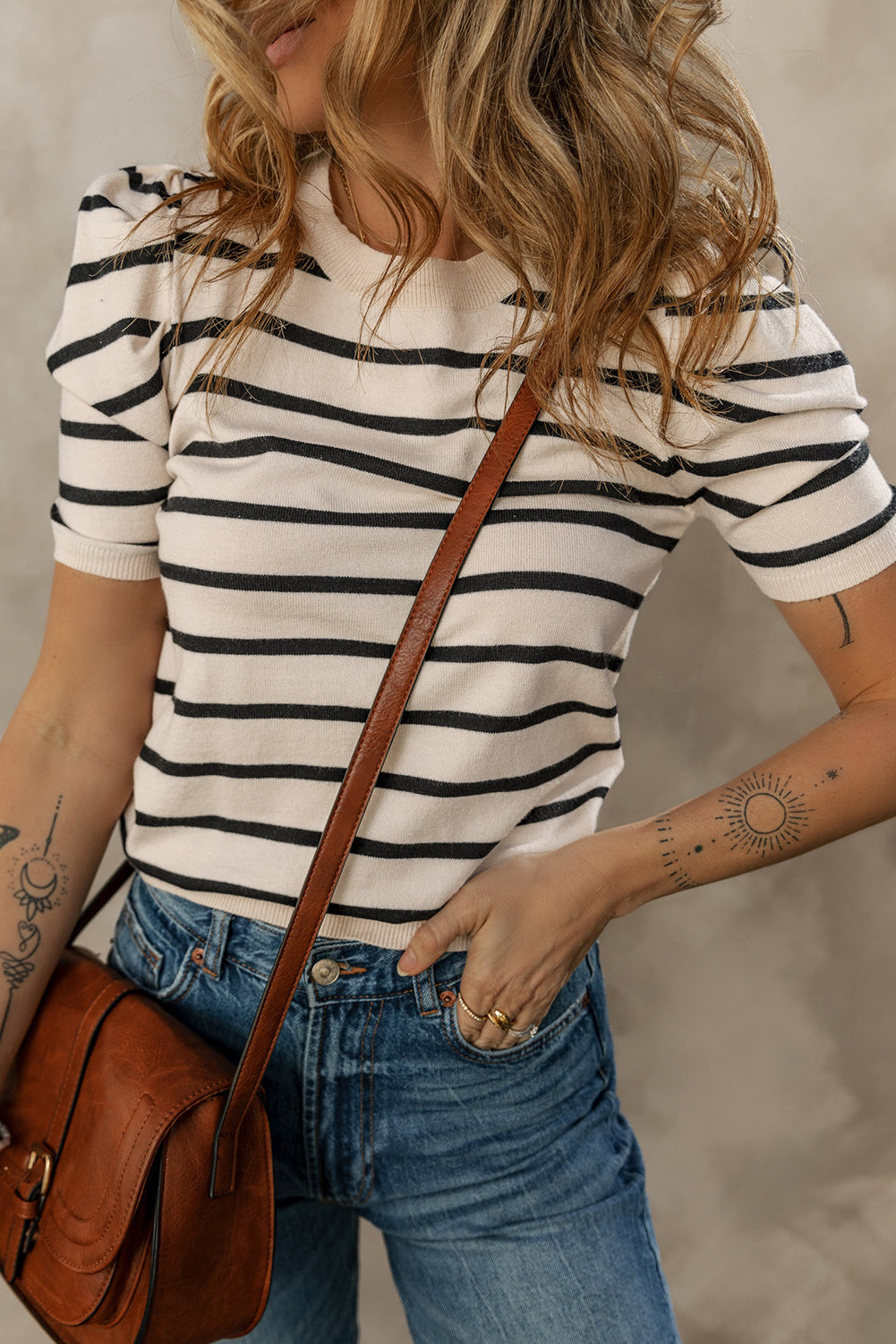 Trim Stripe Rib-Knit Knit Top in Black
