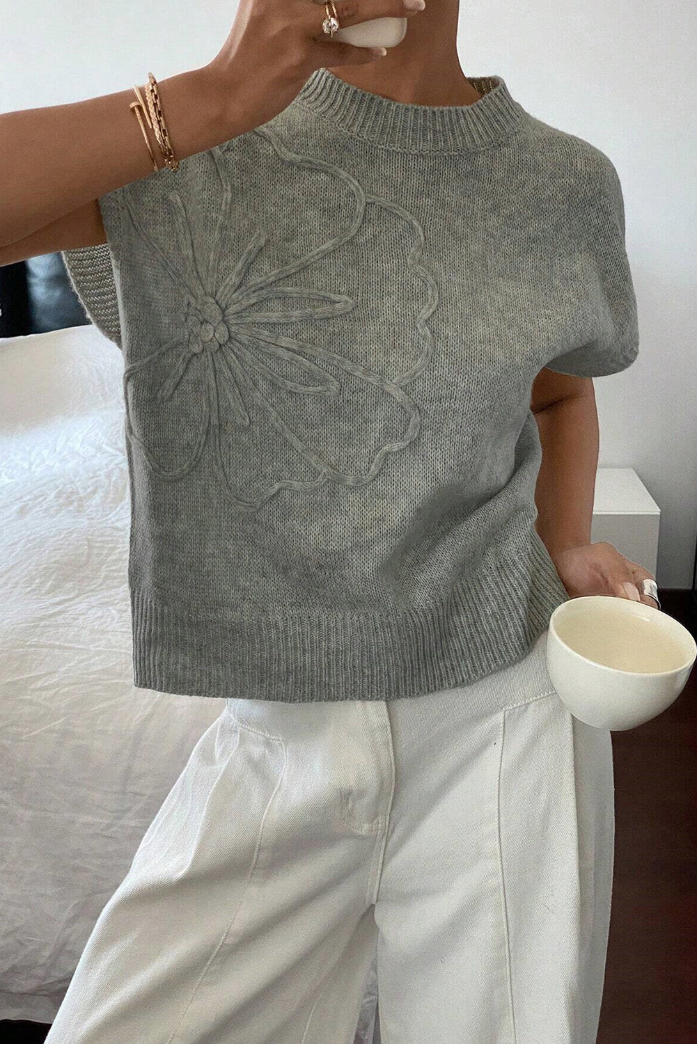 Pattern High Flower Rib-Knit Trim Short-Sleeved Boxy Knit Top