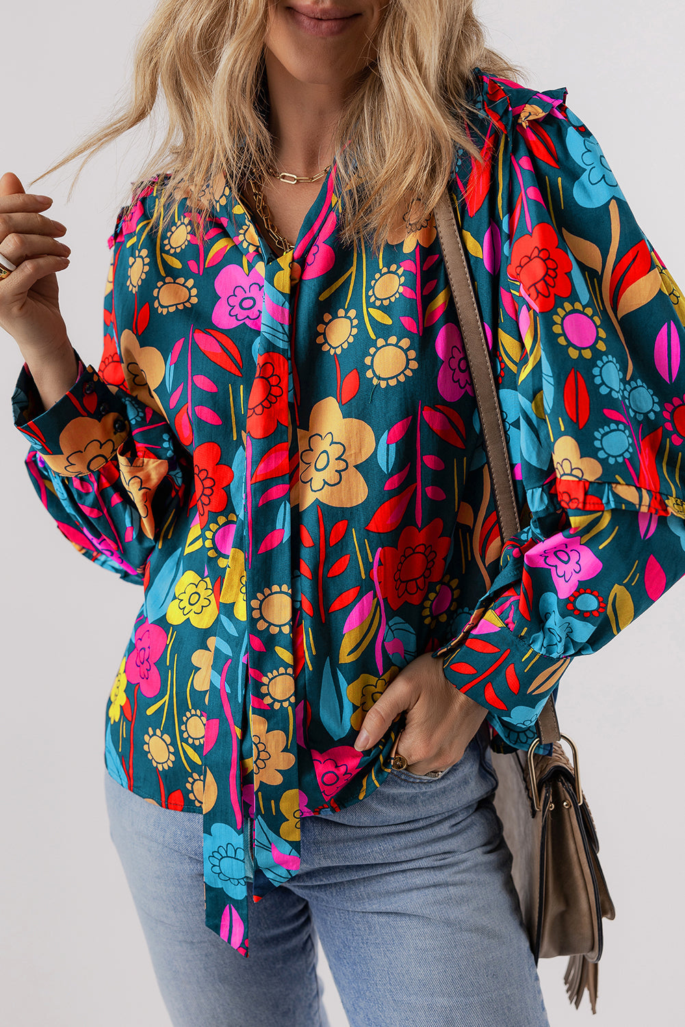 Women's Blouse Featuring Knot-Detail Split Neck Balloon Sleeve Floral-Print