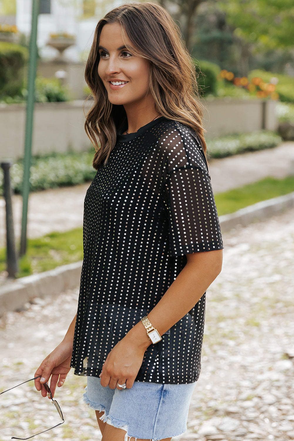 Women's T-shirt with Dropped-Shoulder Semi-Sheer