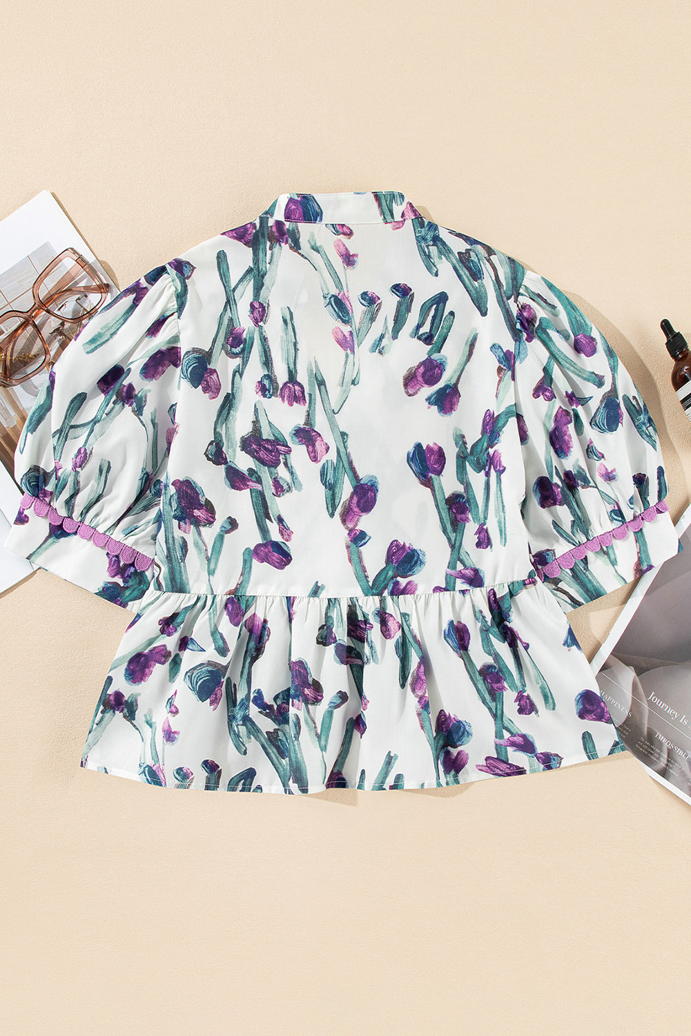 Floral Ricrac Trim Half Sleeve Peplum Top
