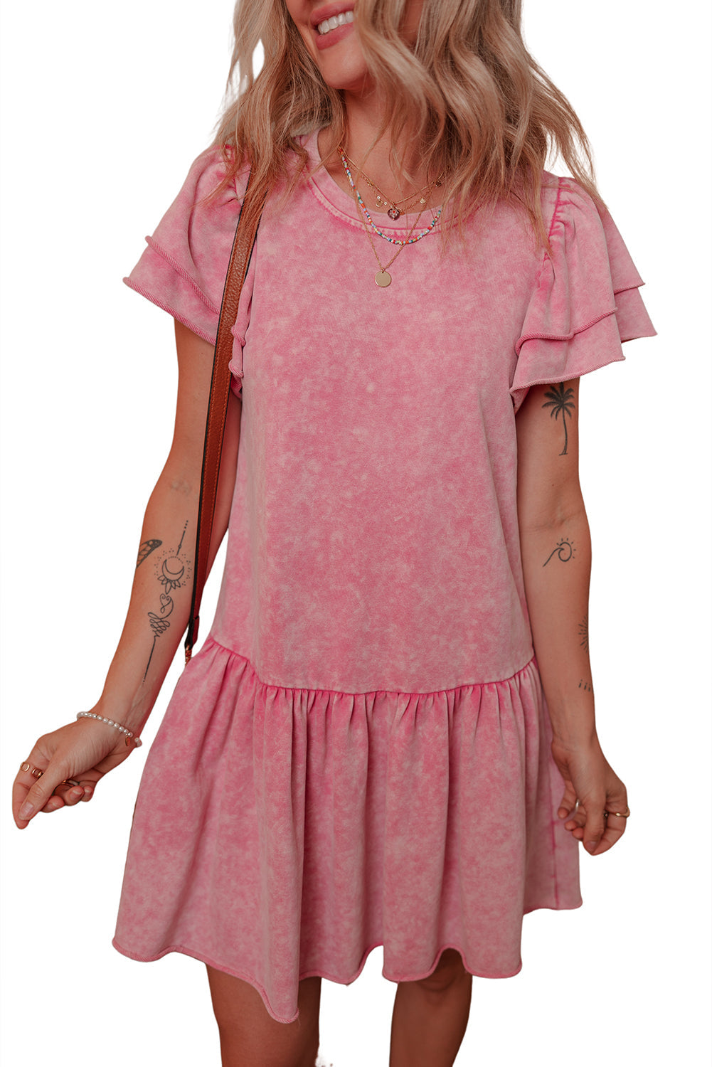 Pink Mineral Wash Raw Edge Ruffle Mini Dress