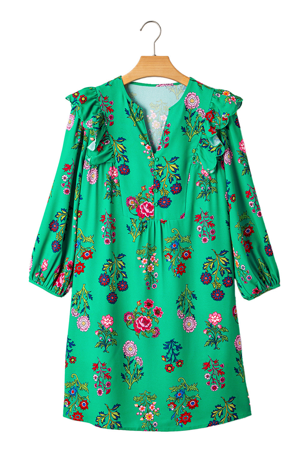 Floral Ruffled Three Quarter Sleeve Button-Front Mini Dress