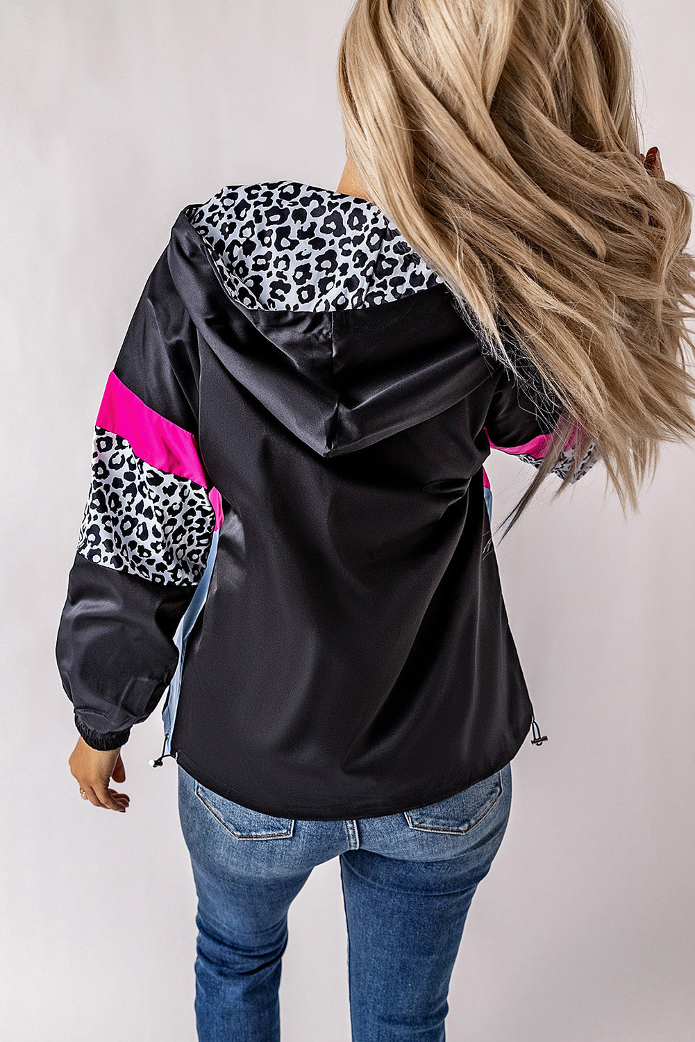 Women's Jacket with Color-Block Pockets Black Zip-Front Hooded Leopard-Print