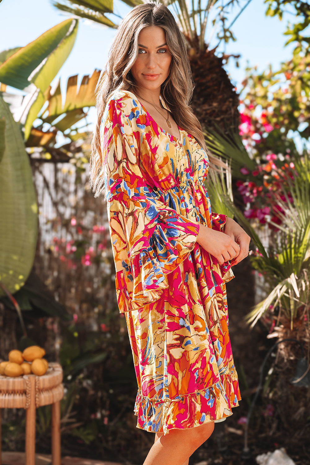 Plant Print Flared Sleeve Ruffled Hem Tunic Flowy Dress
