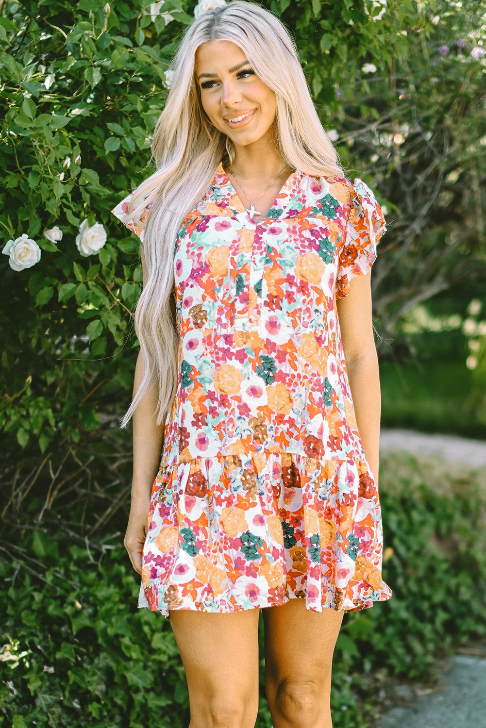 Women's Dresses Featuring Split Neck Flutter Floral-Print Print