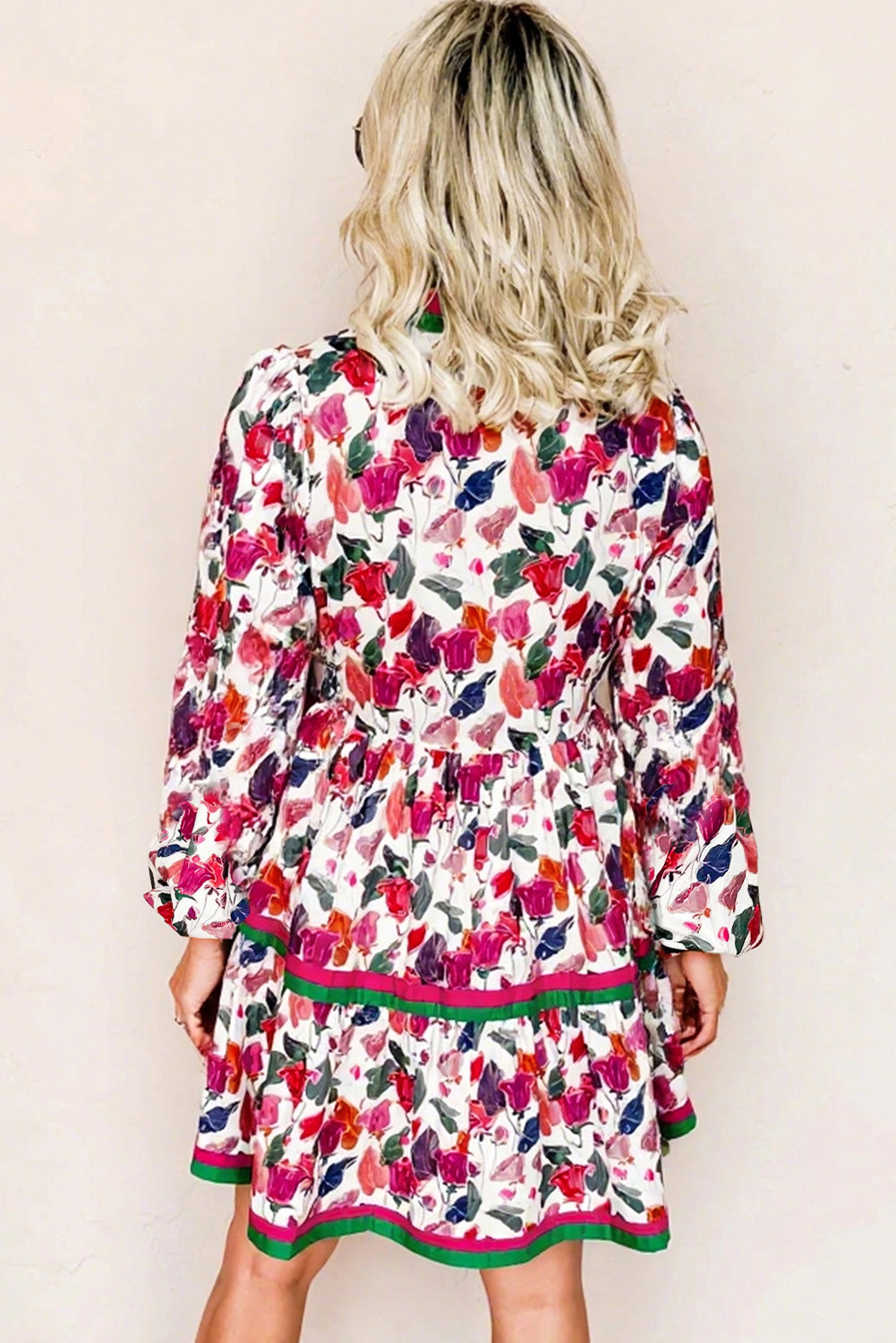 Floral-Print Contrast Striped Detail Long-Sleeved Mini Dress