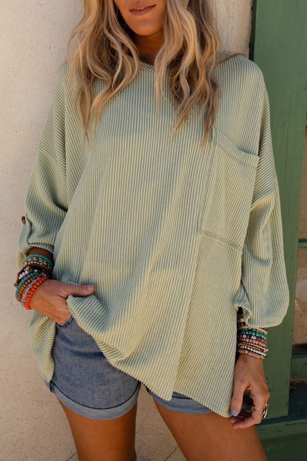 Women's Rib-Knitted Roll-tab Sleeve Oversize Top