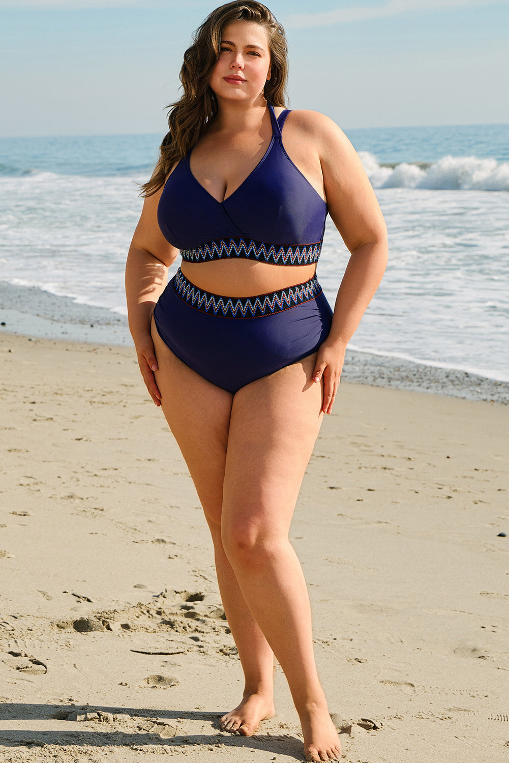 Embroidered Trim Wrap Tie Knot Plus Size High Waisted Bikini