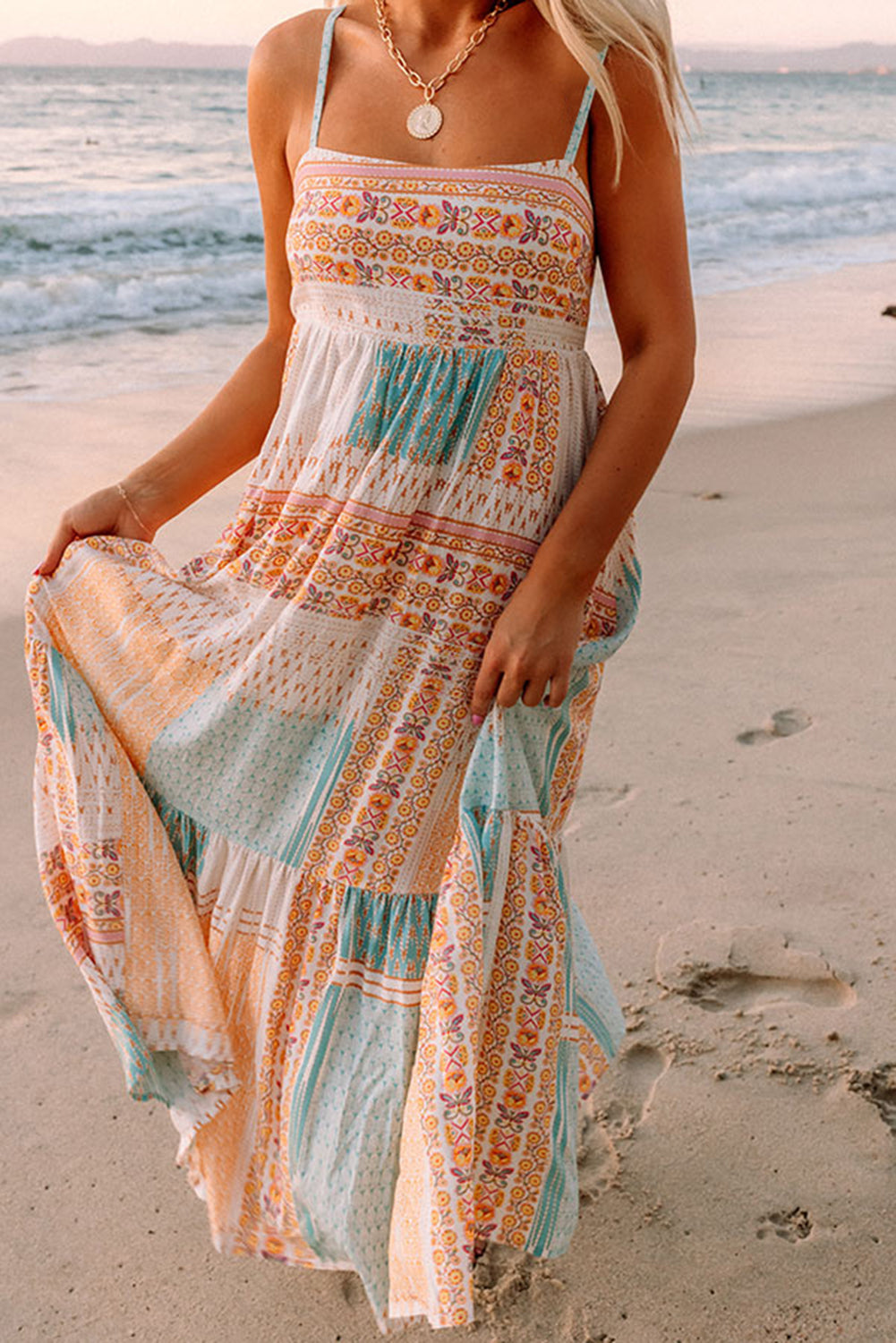 Women's Sundress with Print Square Neck Bohemian