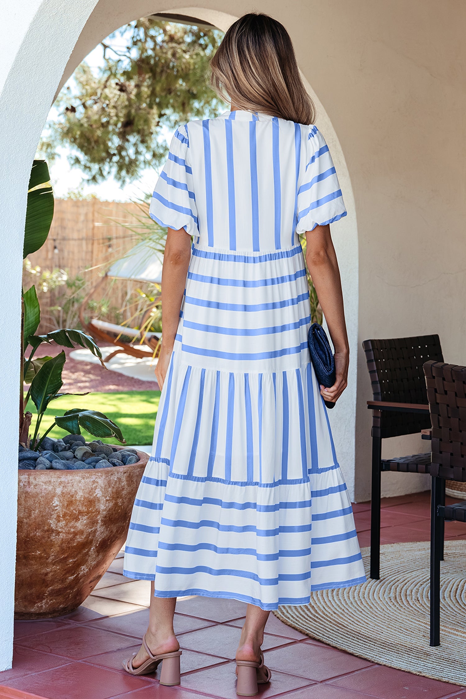 Ricrac Neck Trim Notched Half Sleeve Vacation Dress