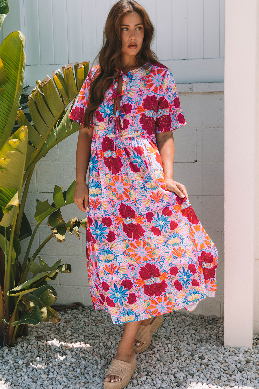 Floral Tied Front High-Waisted Short-Sleeved Loose Long Dress
