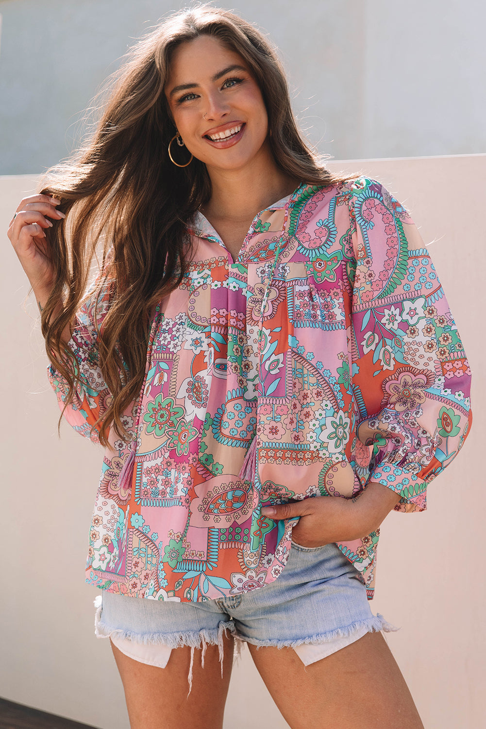 Floral Bubble Boho Bubble Sleeve Tassel Tied Neck Pleated Blouse