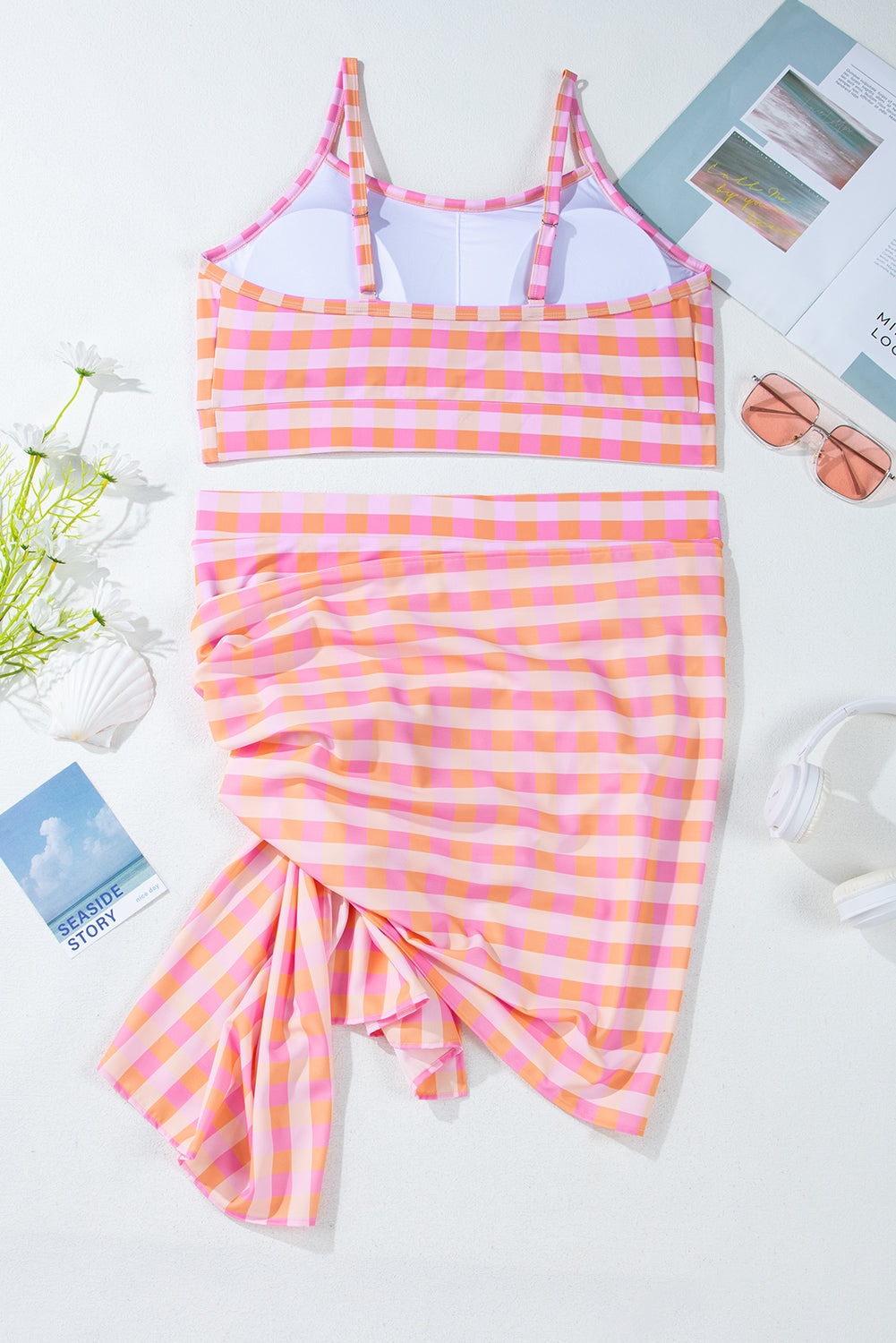 Plus Size Pink Plaid Print High Waist Bikini Set