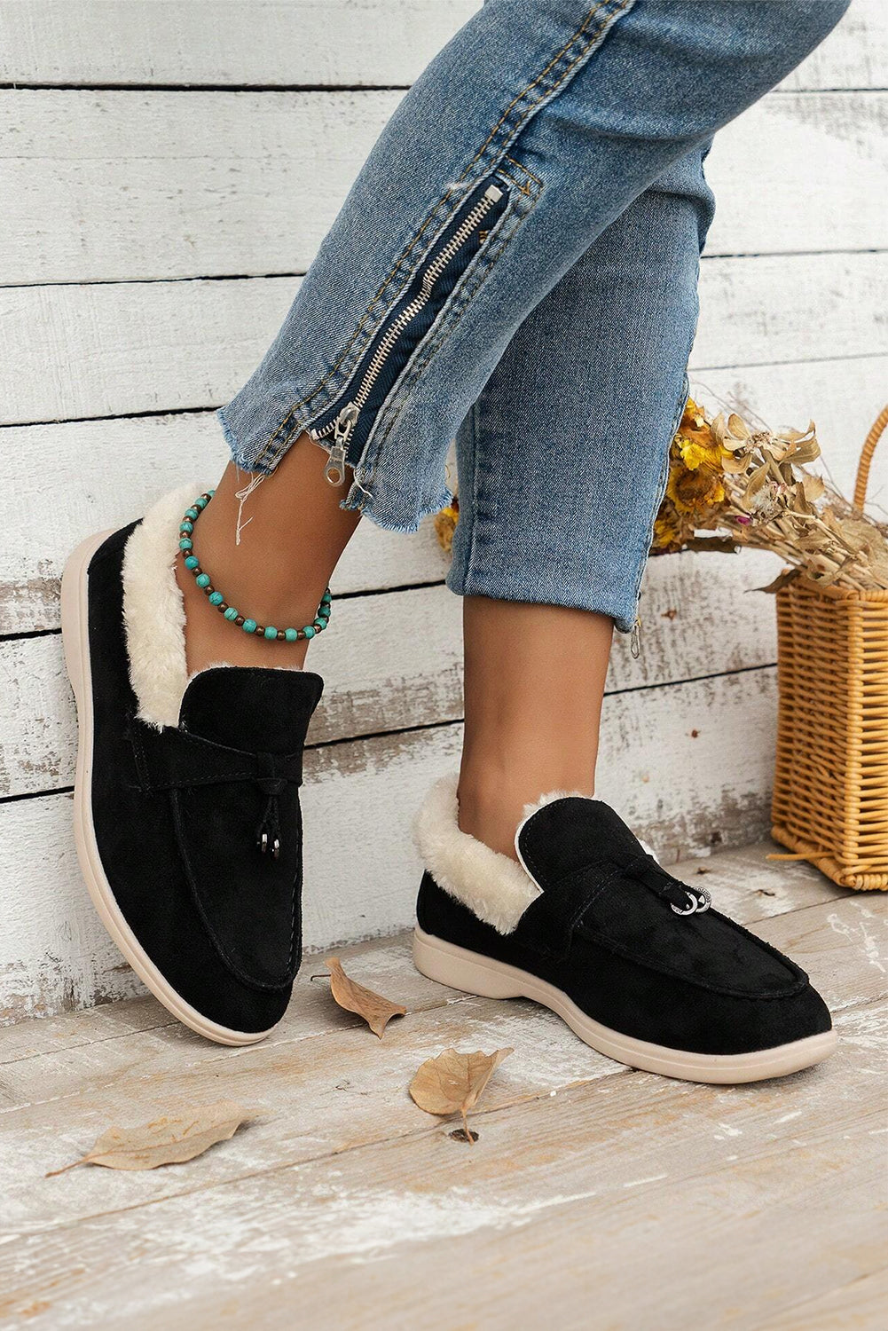 Suede Furry Lined Slip on Flat Shoes
