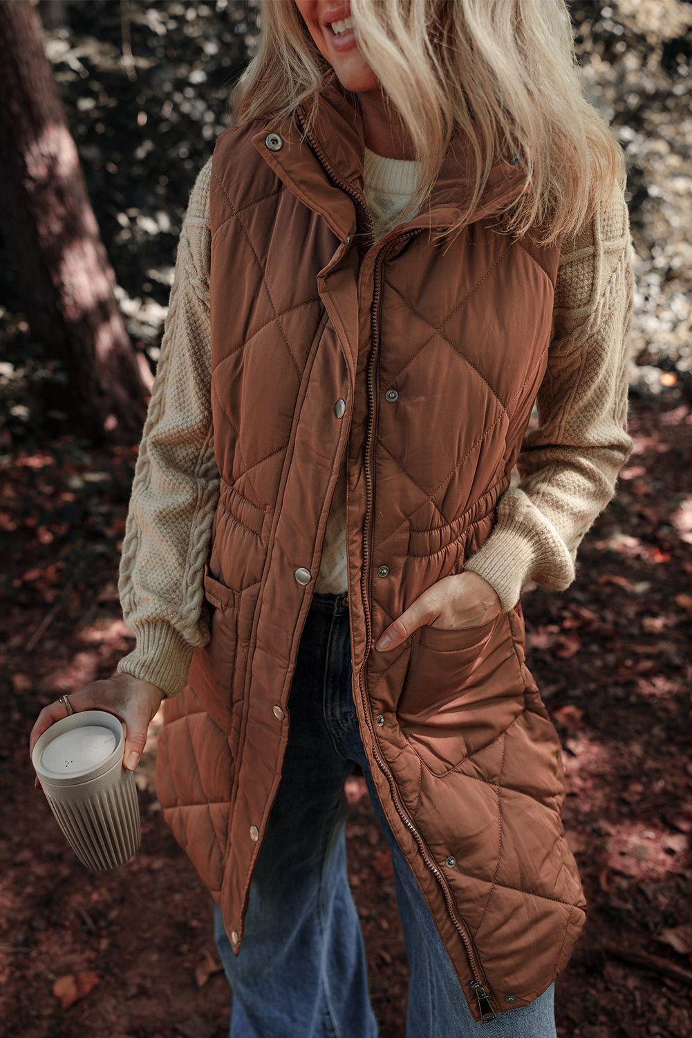 Women's Vest Featuring Puffer Longline Quilted Stand Collar