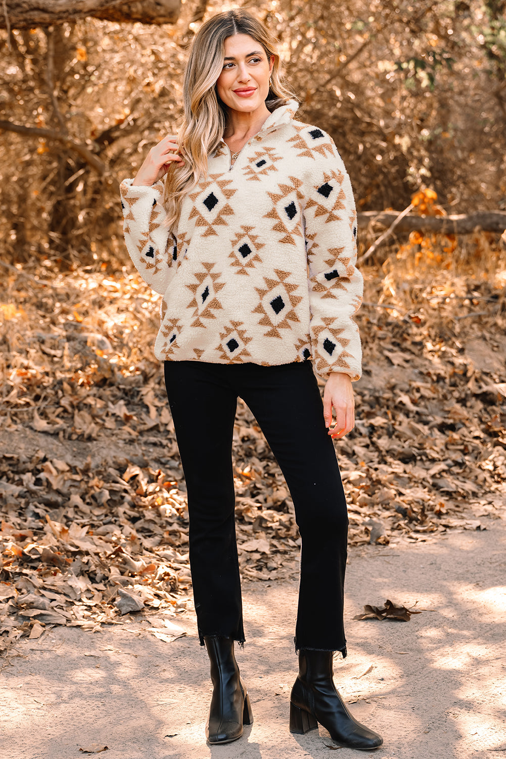 Aztec Print Sherpa Quarter Zip Collar Sweatshirt