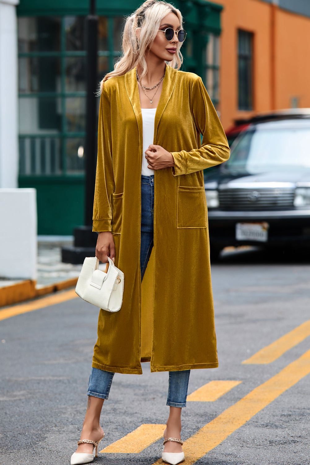 Velvet Long Open-Front Pocket-Detail Duster in Yellow