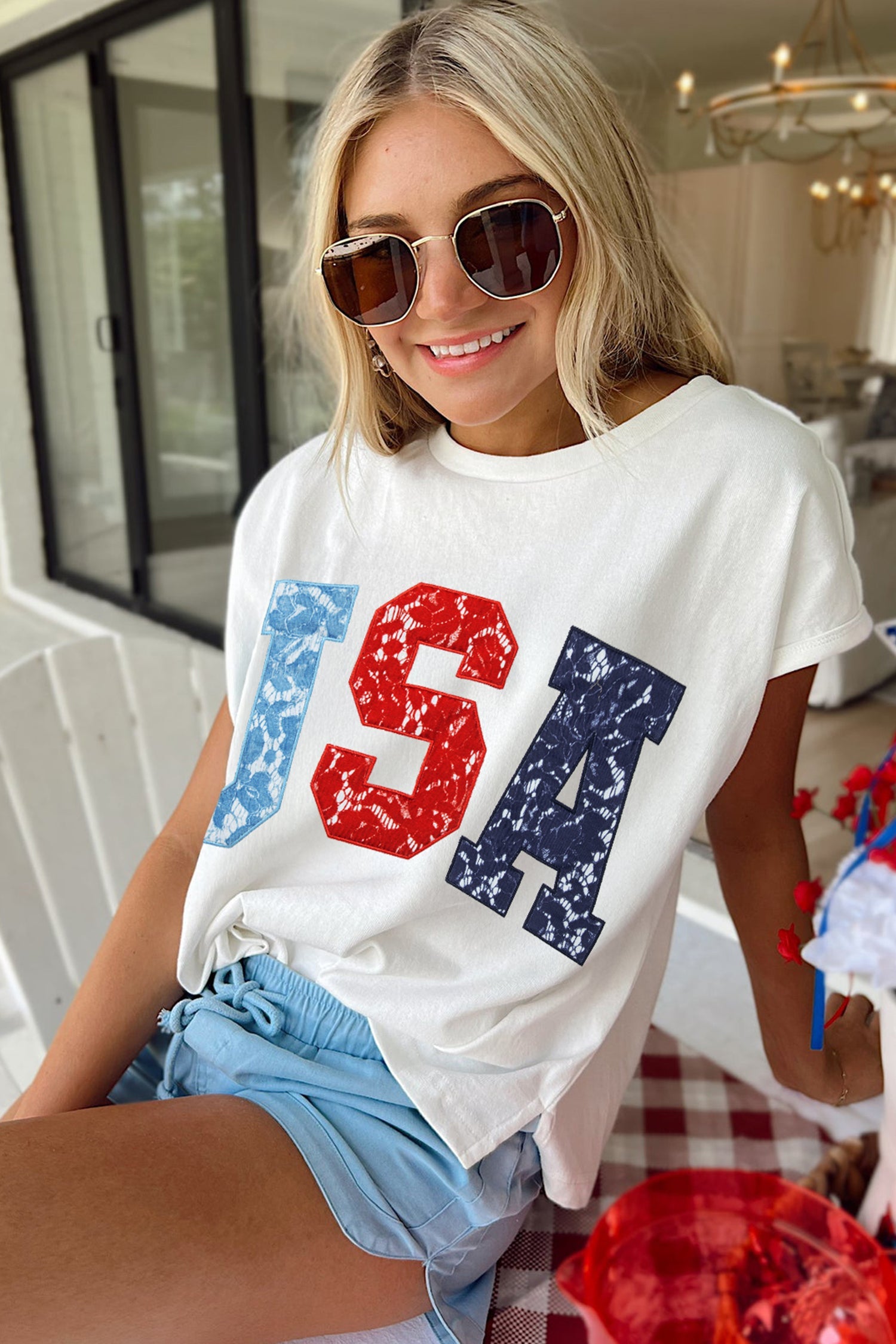 USA Printed Colorblock Letter Dolman Tee in White