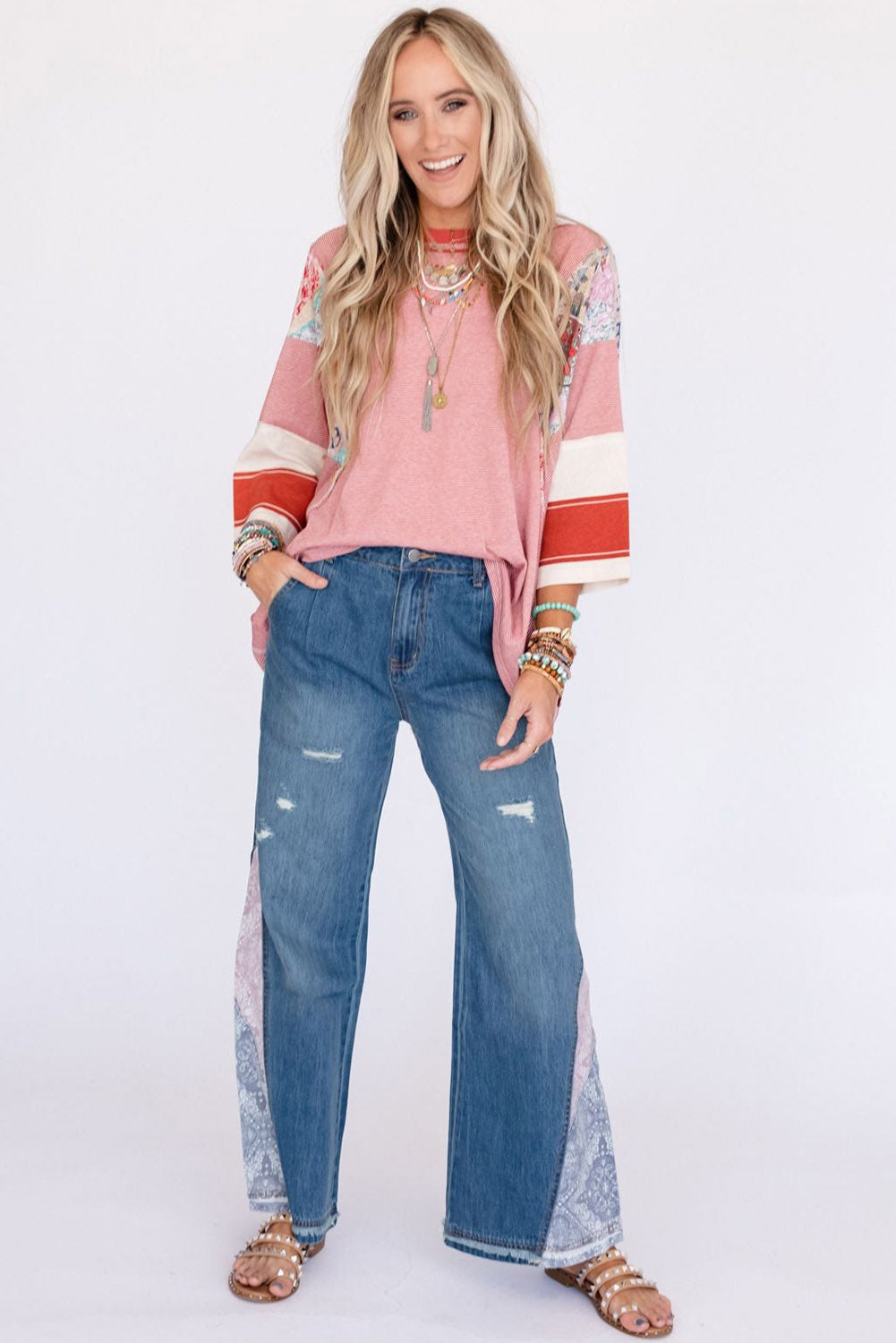 Pinstriped Color Block Patchwork Oversized Top