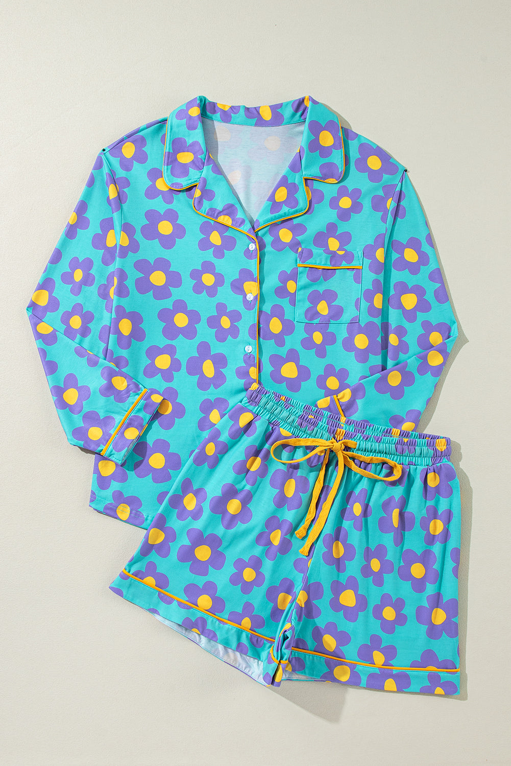 Print Long-Sleeved Flower Long-Sleeved Shirt Shorts Pajamas Set