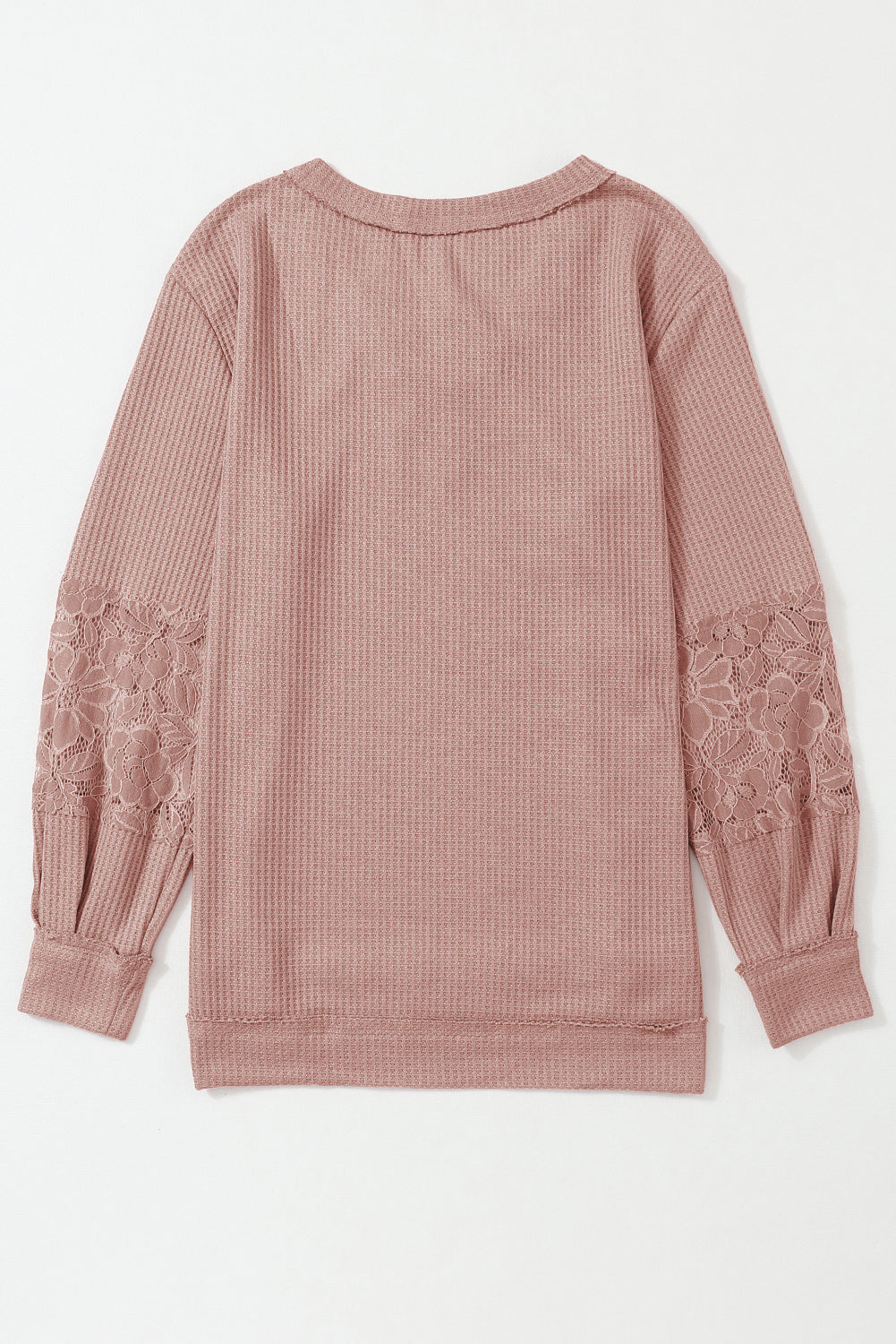 Women's Top with Long-Sleeve Lace-Trimmed Waffle V Neck