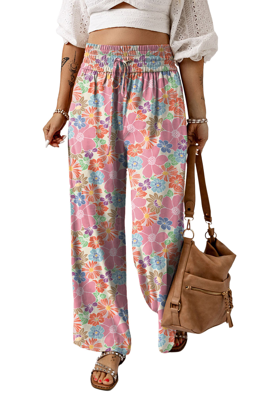 Women's Pants Featuring Shirred-Waist Loose Floral-Print