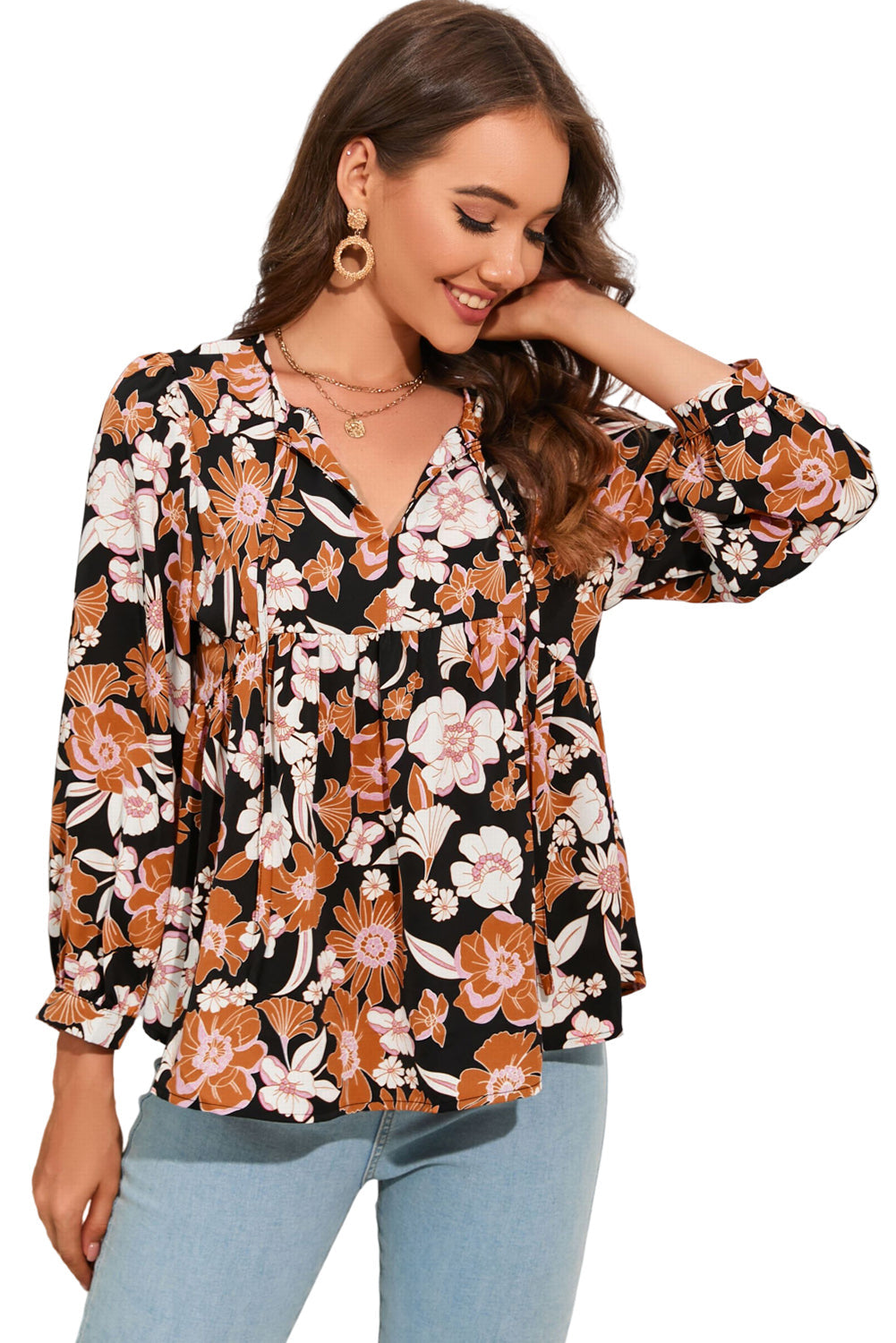 Women's Blouse Featuring Floral-Print Babydoll