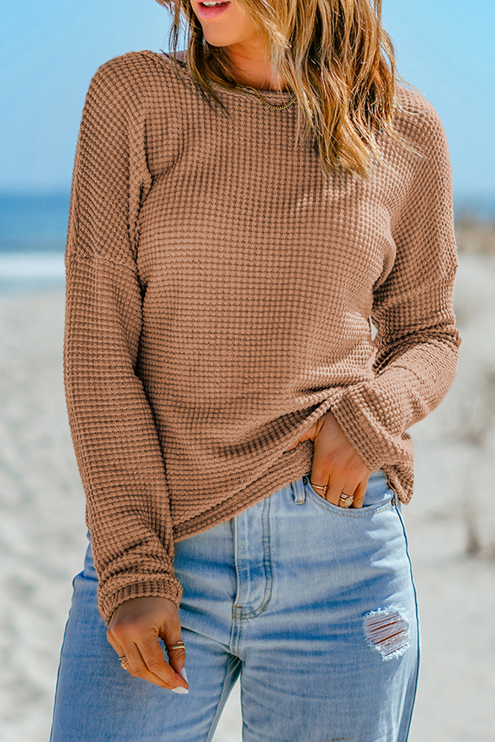 Top for Women Long-Sleeve Waffle Dropped-Shoulder