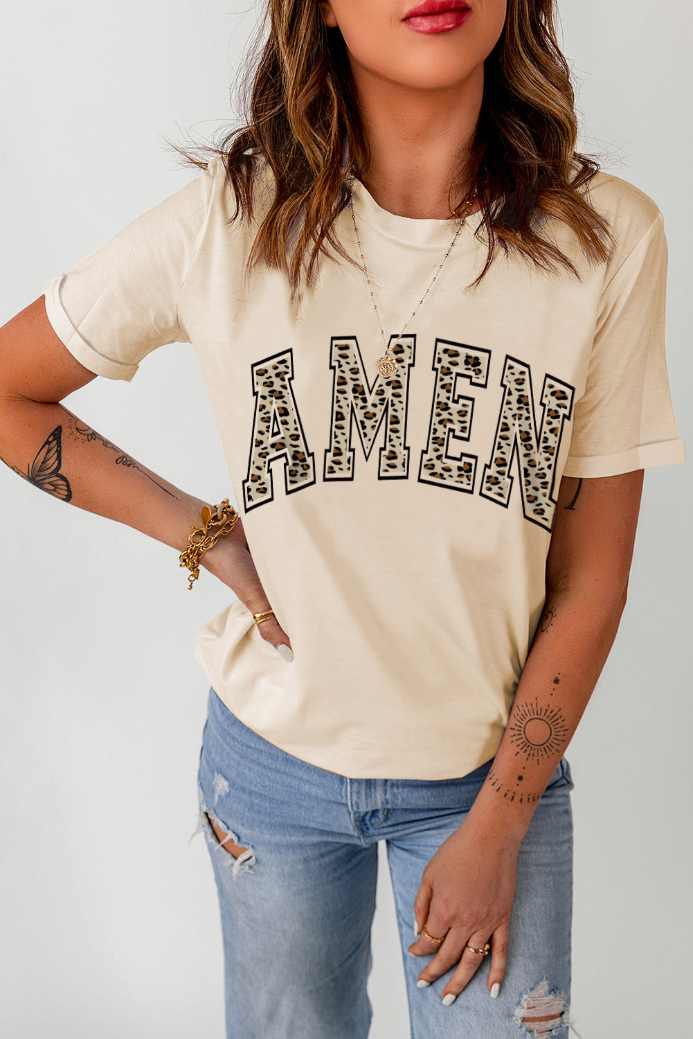Women's T Shirt with Leopard-Print AMEN Graphic-Print