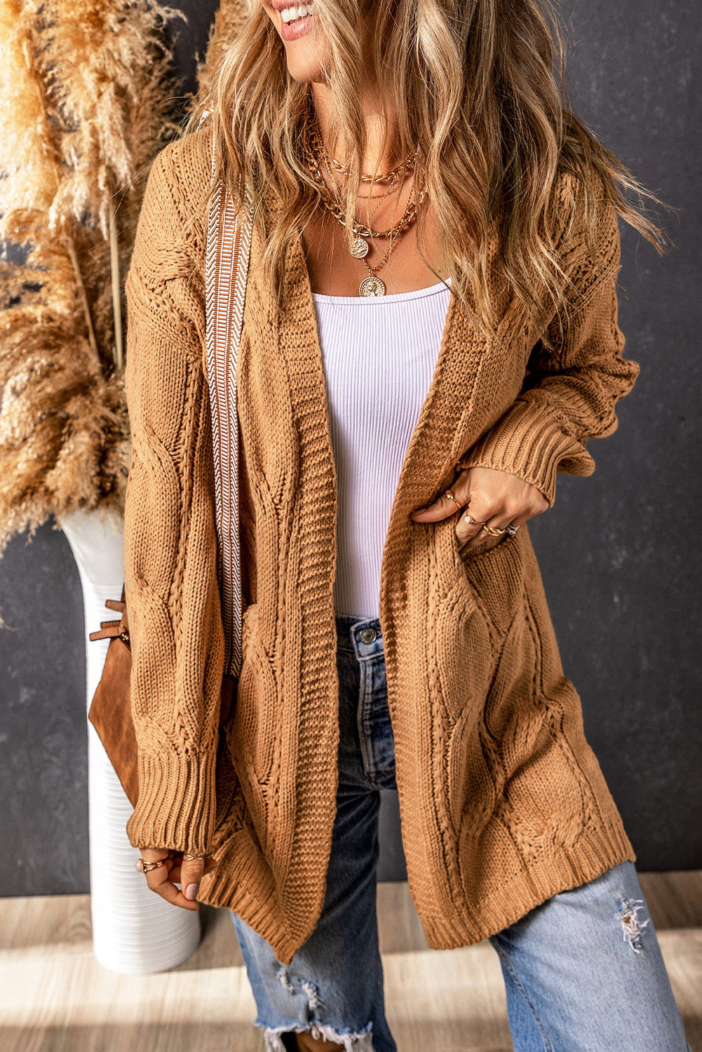 Women's Knit Cardigan Featuring Trim Eyelet Cable Rib-Knitted