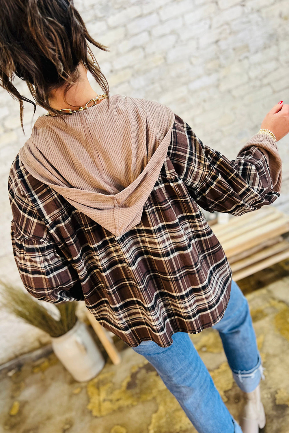 Long-Sleeved Plaid Patchwork Button Hooded Blouse