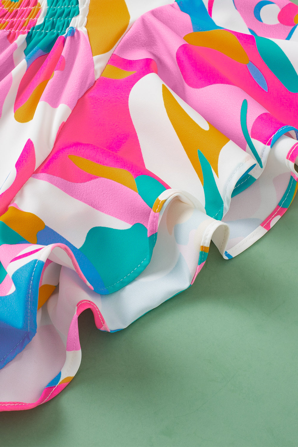 Women's Blouse with Abstract Print Notched Neck Flutter Sleeve