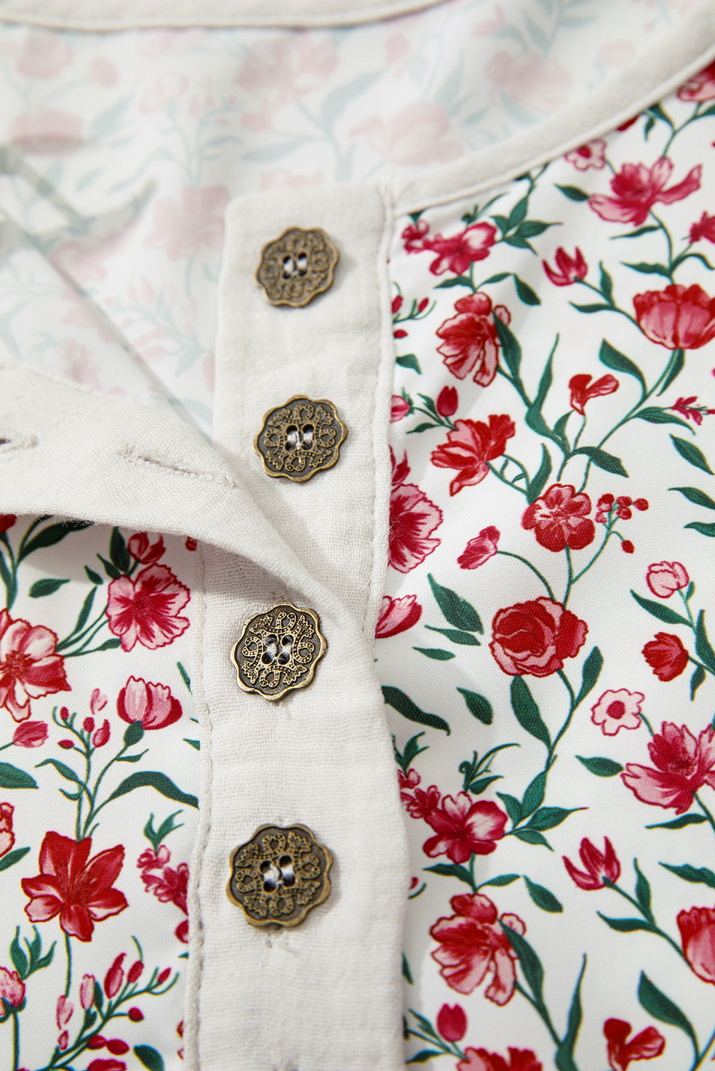 Patchwork Floral-Print Gauze Henley Button 3/4 Sleeve Blouse