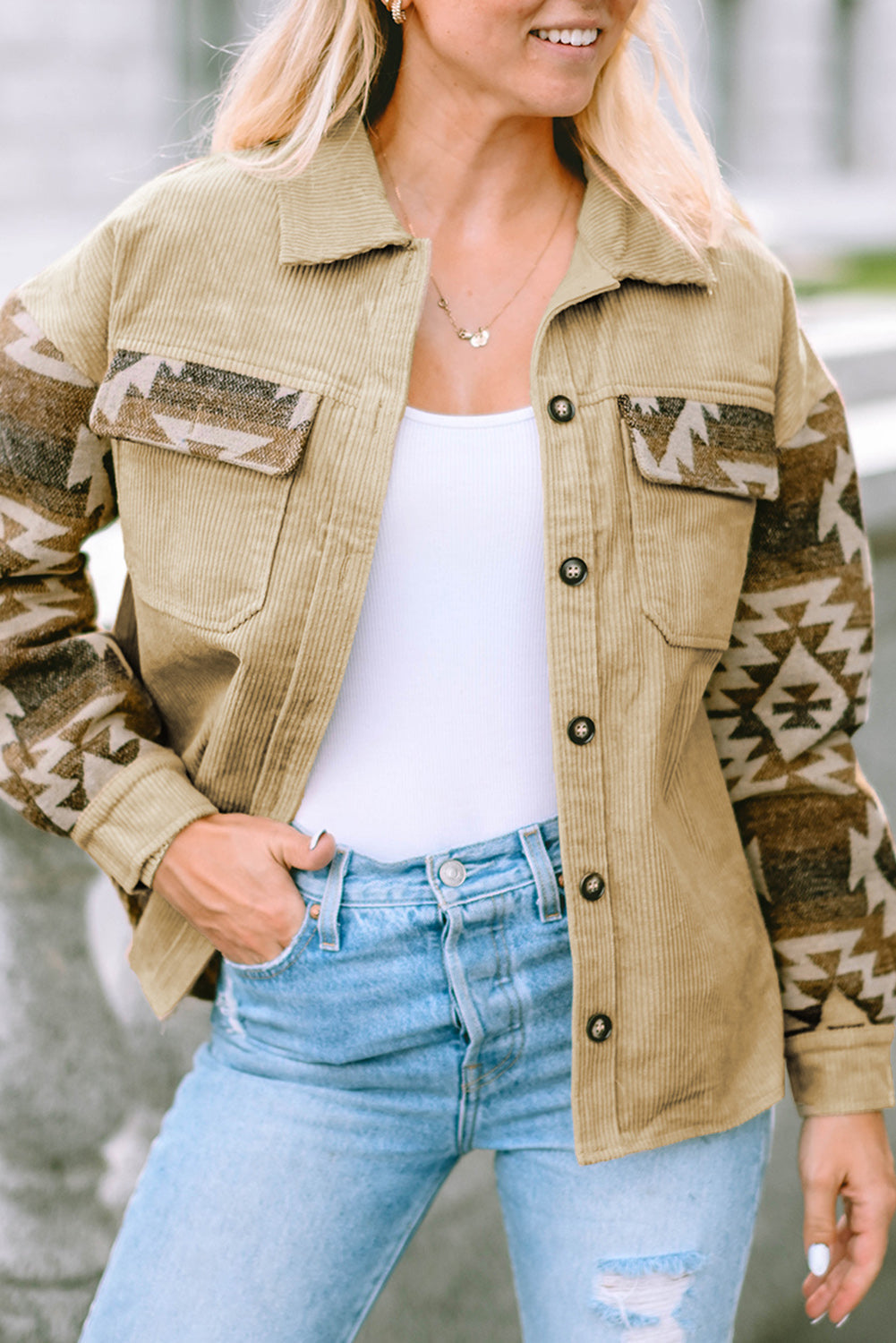 Women's Aztec-Pattern Patchwork Frayed Edge Khaki Cord Jacket