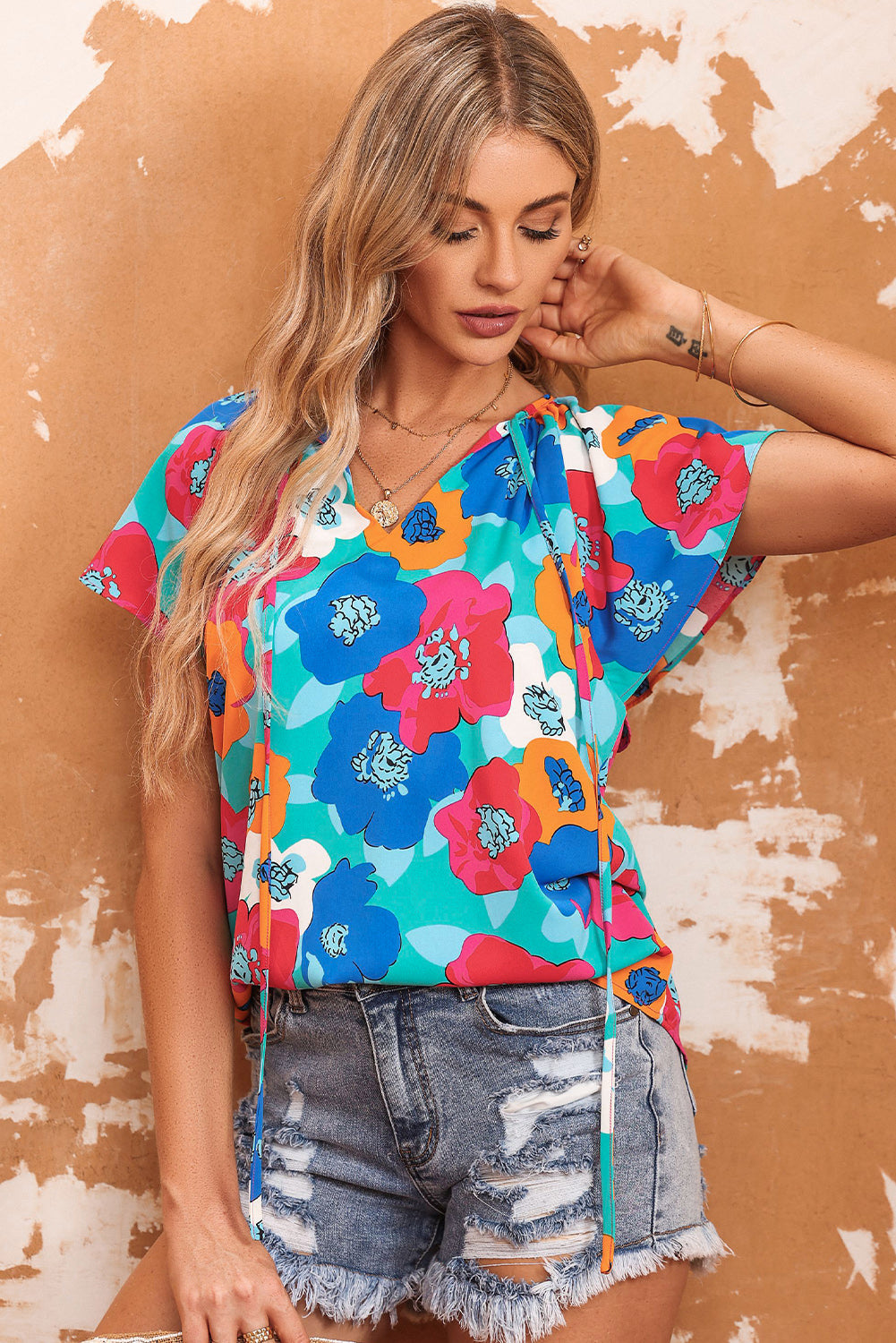 Women's Blouse Featuring Short-Sleeve Floral-Print Print V Neck