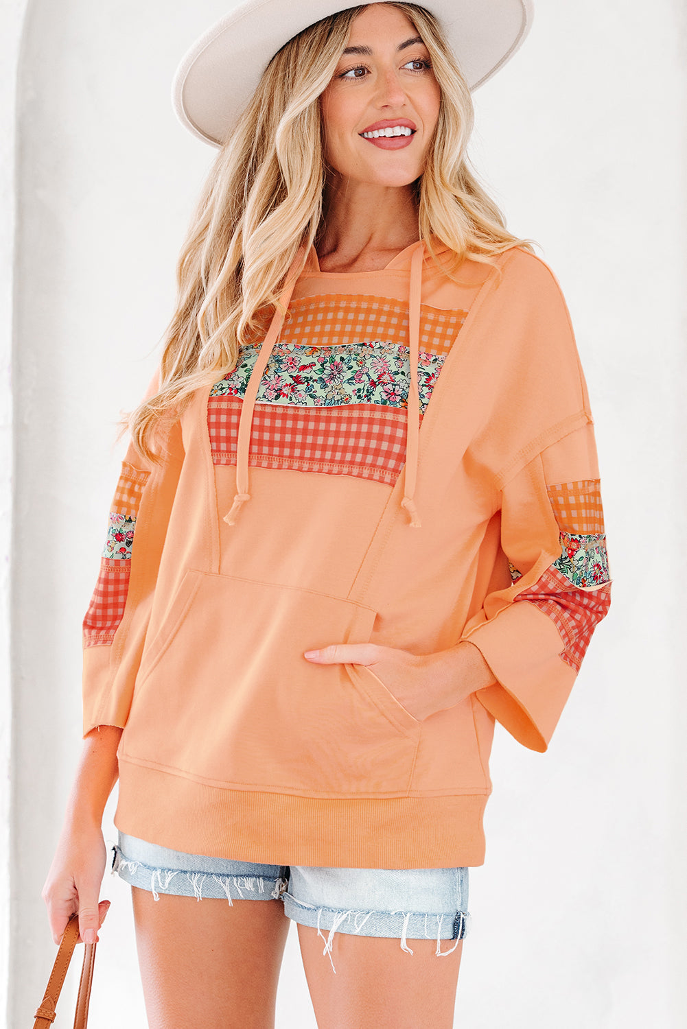 Plaid Floral Patchwork Kangaroo Pocket Hooded Long-Sleeved Top