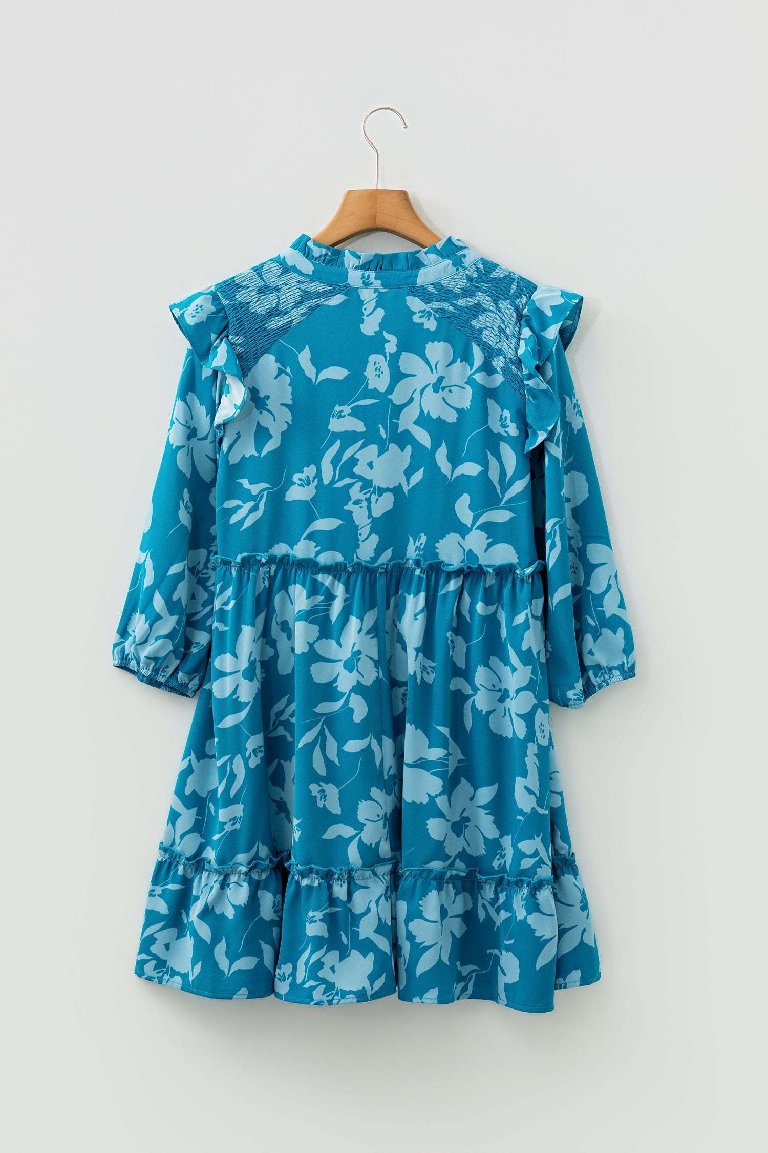 Flower Half Sleeve Tiered Ruffled Mini Dress in Blue
