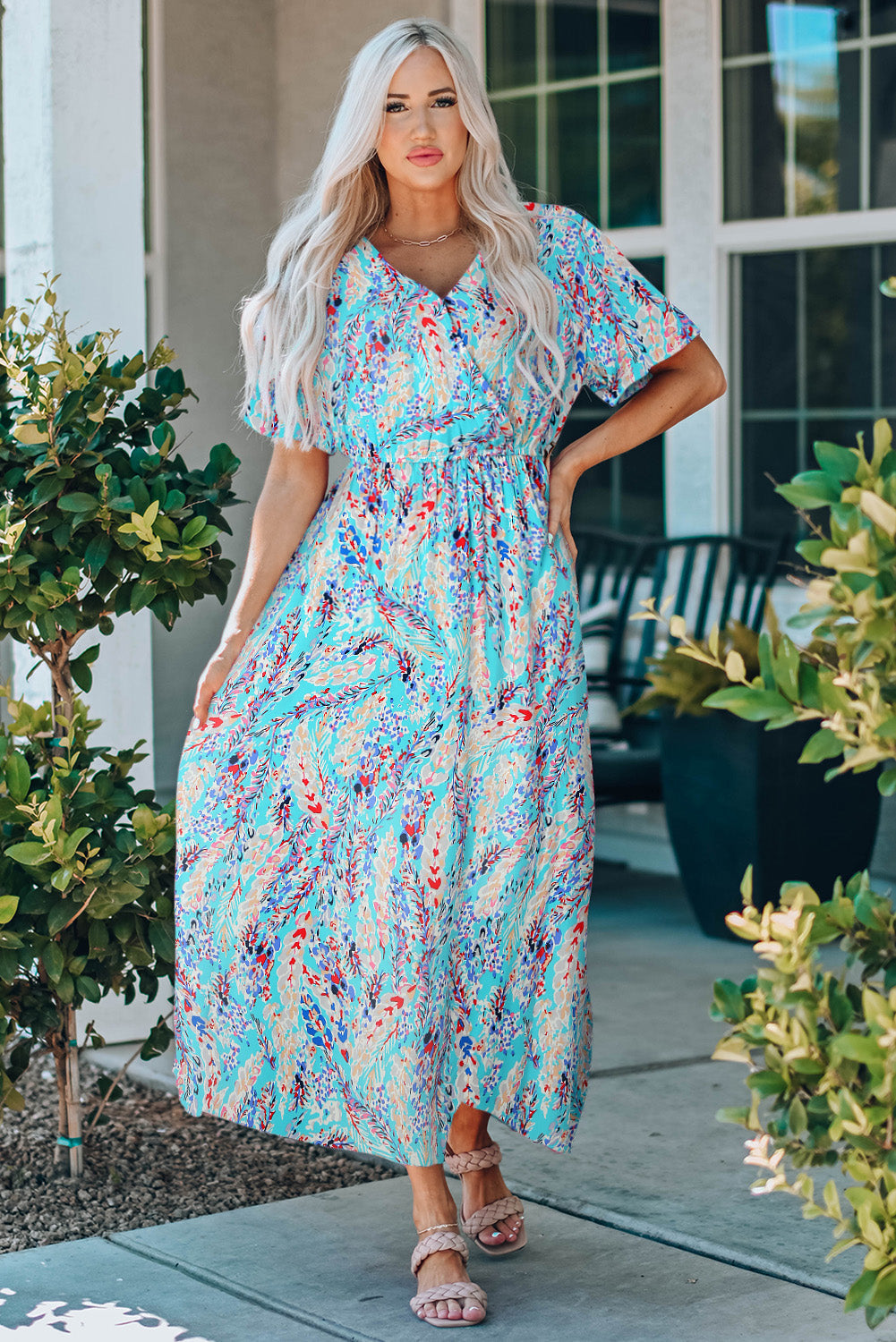 Women's Maxi Dress Featuring Wrap V Neck Floral-Print