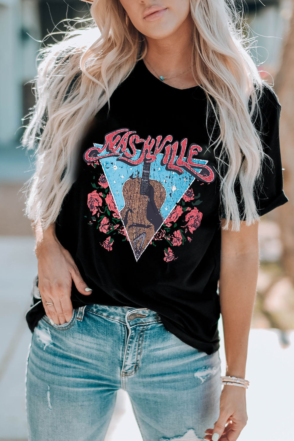 Women's T Shirt with Letter Graphic-Print Guitar Flower