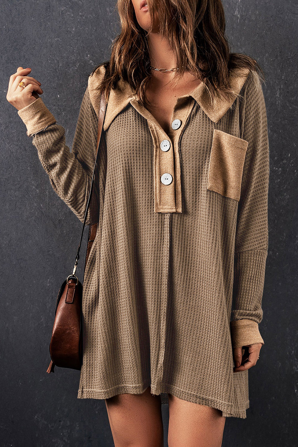 Top for Women Long-Sleeve Waffle Knitted