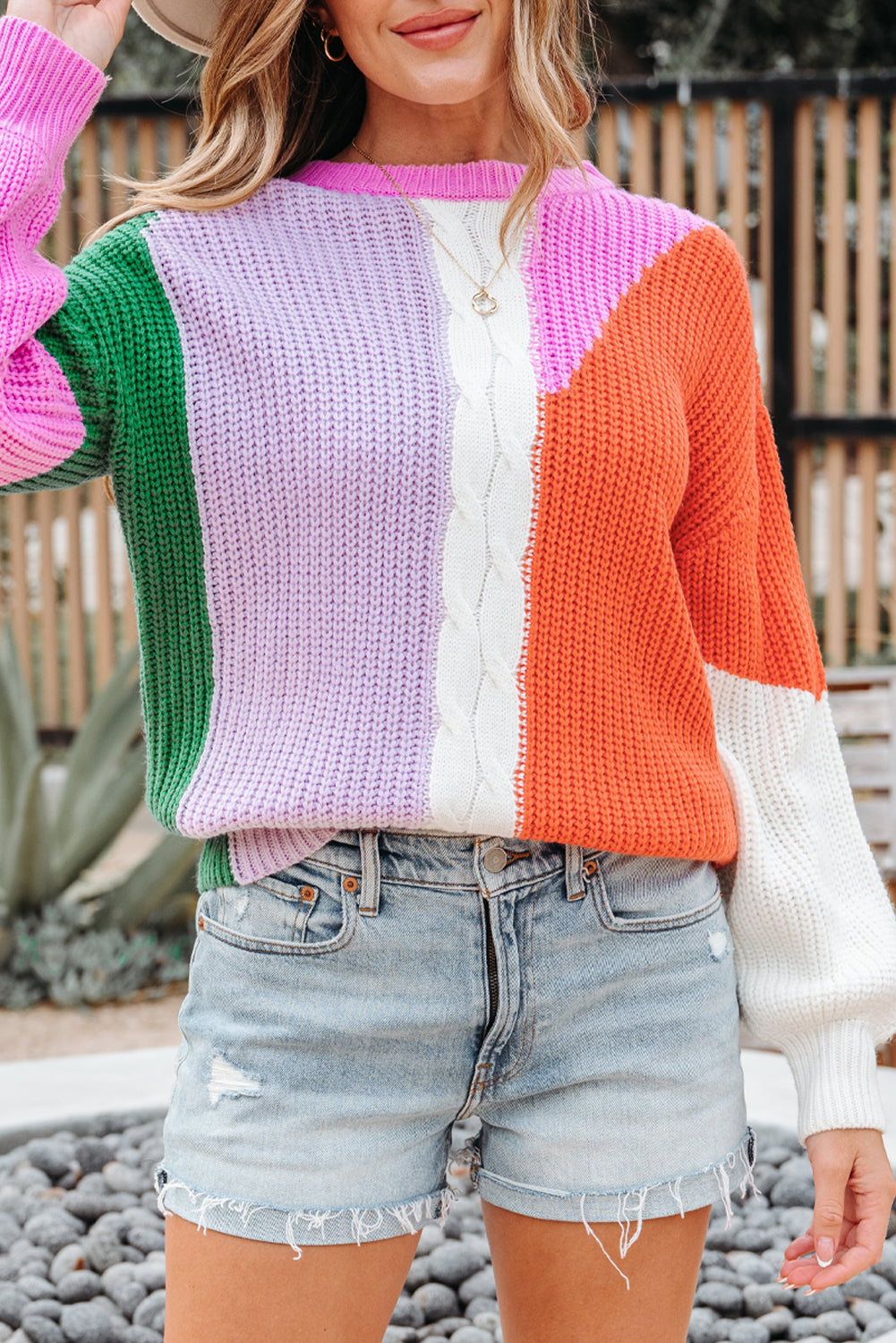 Knit Colorblock Textured Drop-Shoulder Easy-Fit Fit Knit Top