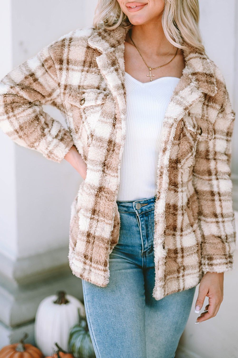 Women's Jacket with Sherpa Plaid Button