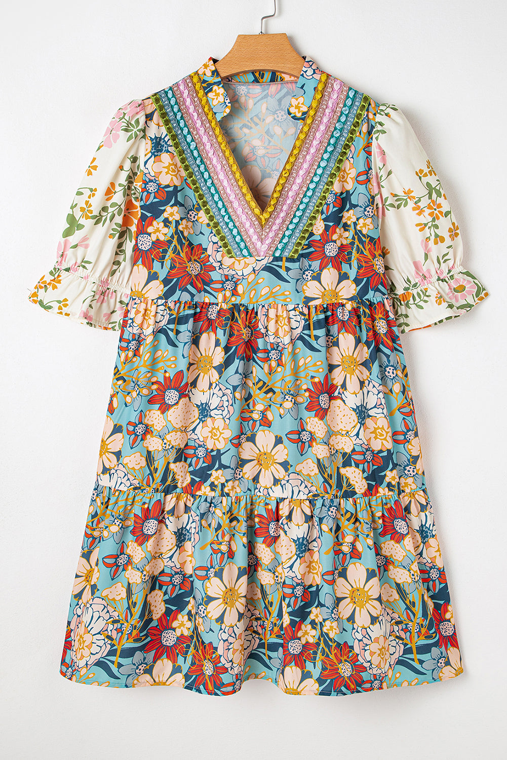 Boho Floral Print Crochet Patchwork V Neck Loose Mini Dress