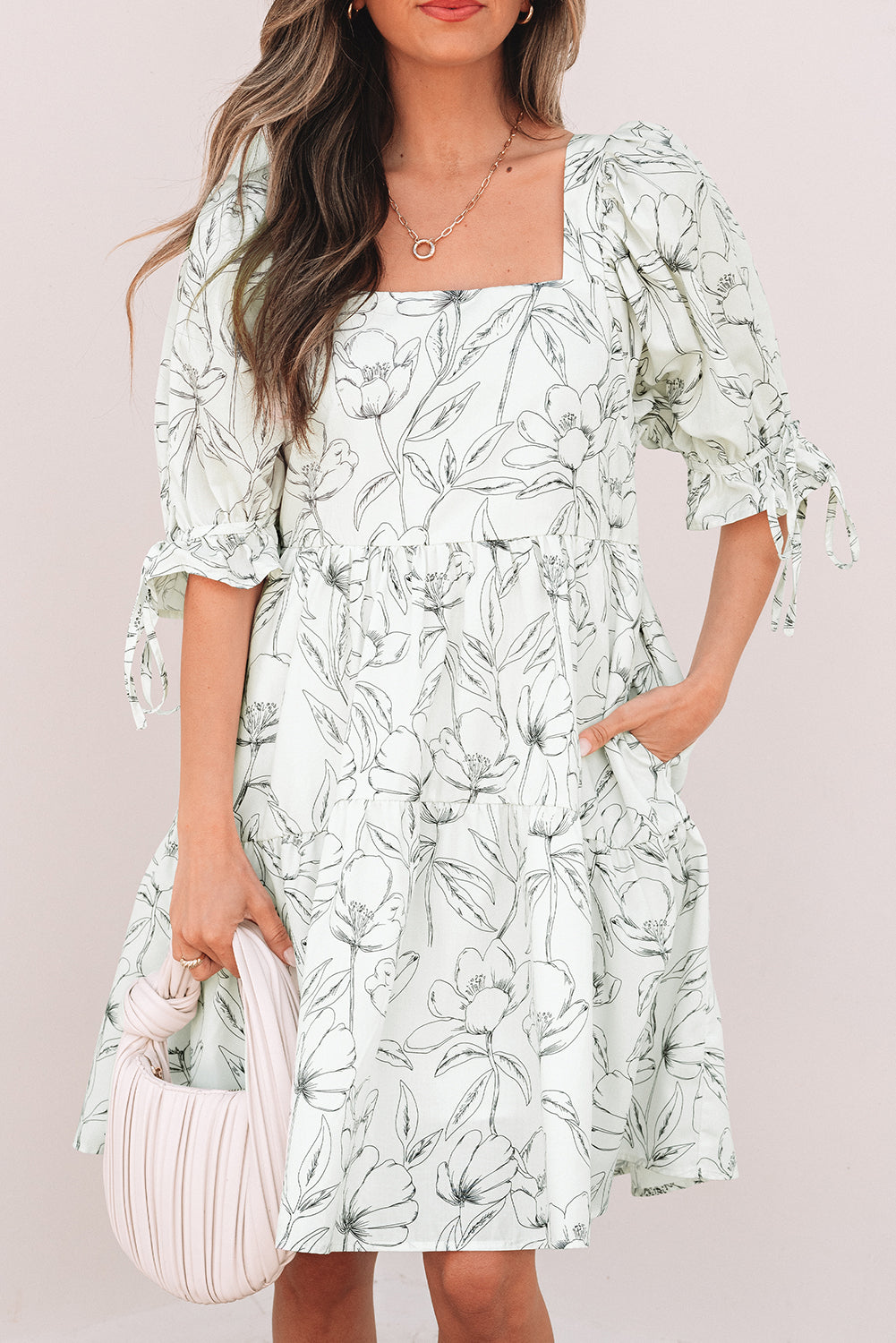 Floral Print Square Neck Shirred Back Mini Dress