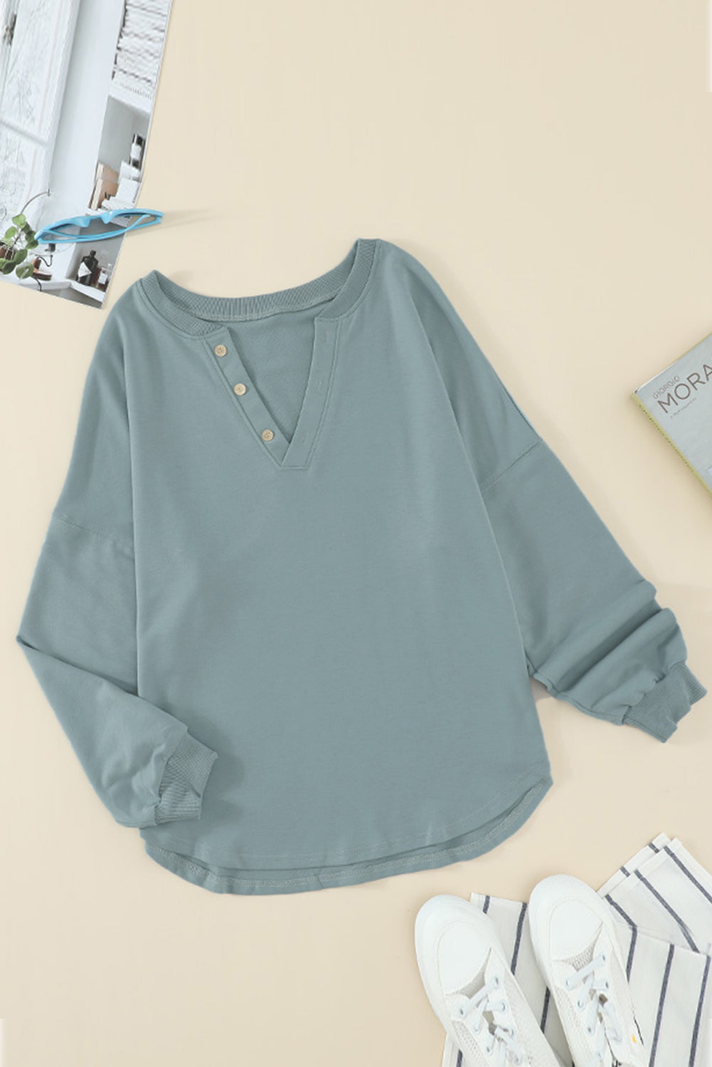 Women's Top Featuring Cotton Relaxed Fit Green Button-Front V Neck