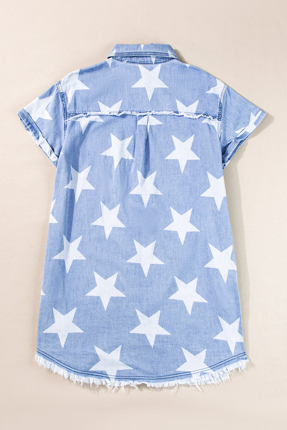 Stars Collared Frayed Hem Short-Sleeved Denim Dress in Sky Blue